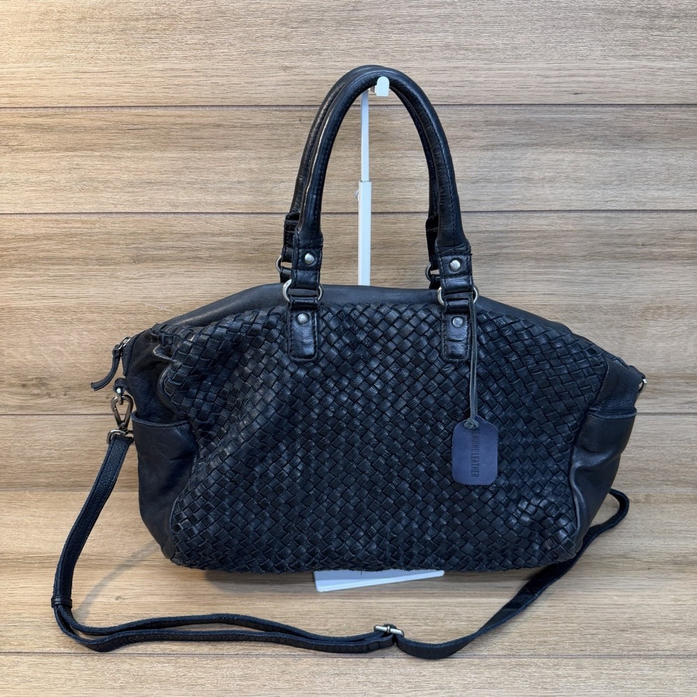 Black Braided Woven Leather Slouchy Hobo Satchel Bag Crossbody Handcrafted India